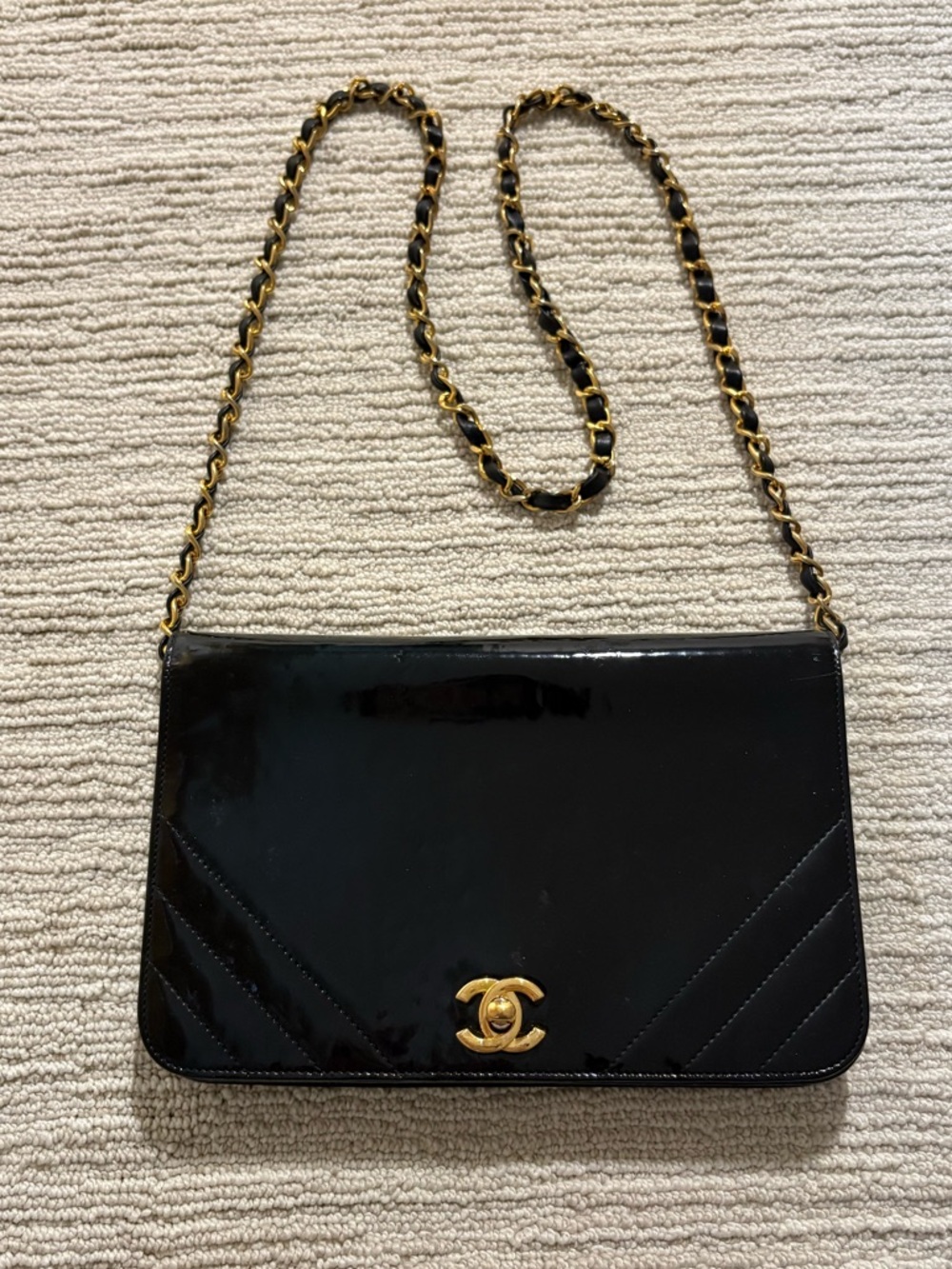 Chanel Authentic Black Patent Leather Flap Crossbody Bag with Gold Chain